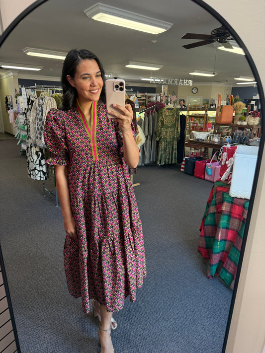Botanical Print Dress in Black with Contrast Trim Split Neck