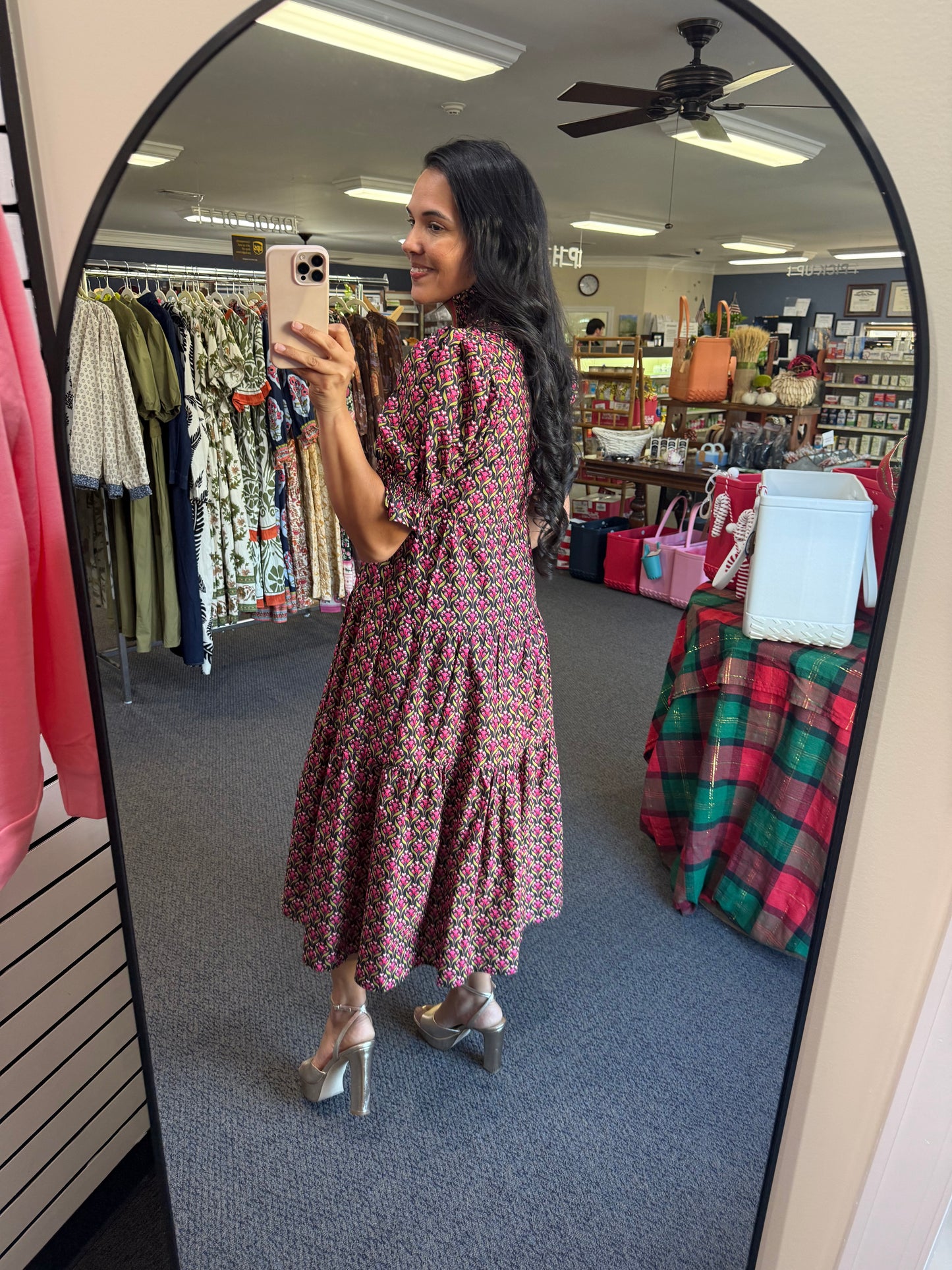 Botanical Print Dress in Black with Contrast Trim Split Neck