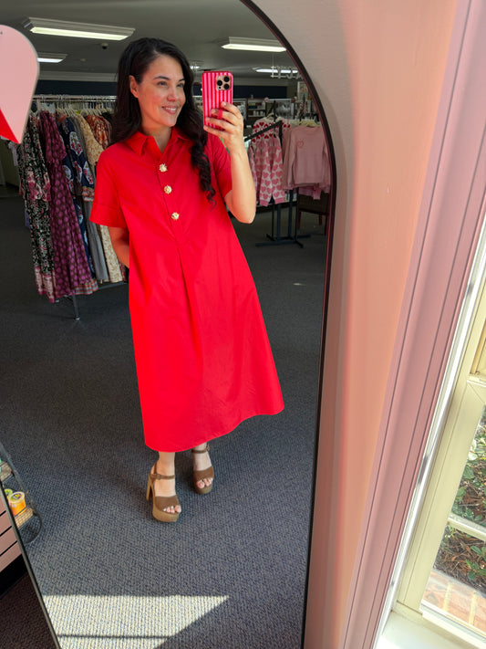 Red Dress with Gold Buttons