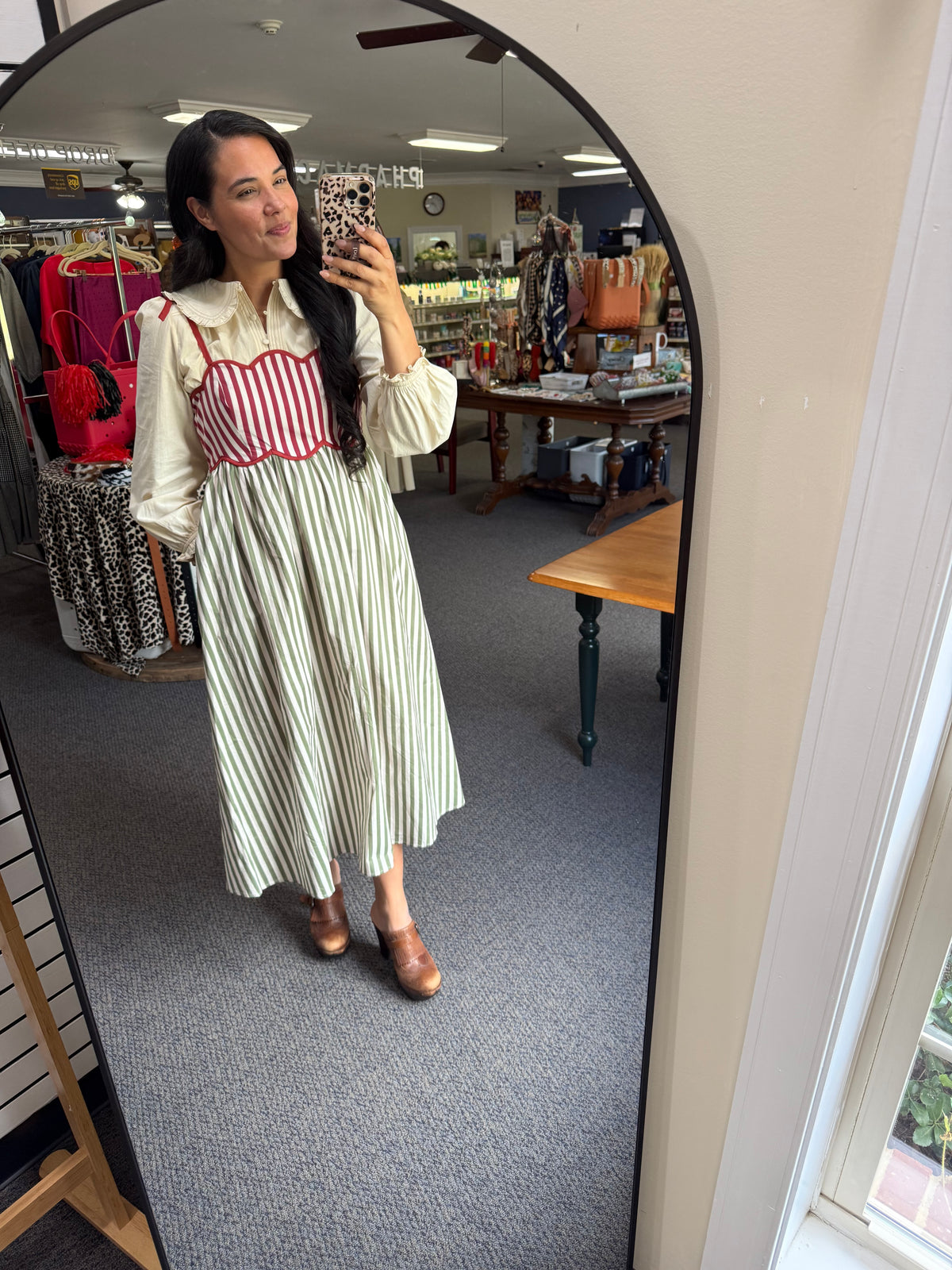 Green/Brick Red Scalloped Striped Dress with Tie Straps