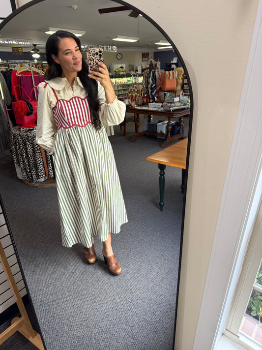 Green/Brick Red Scalloped Striped Dress with Tie Straps
