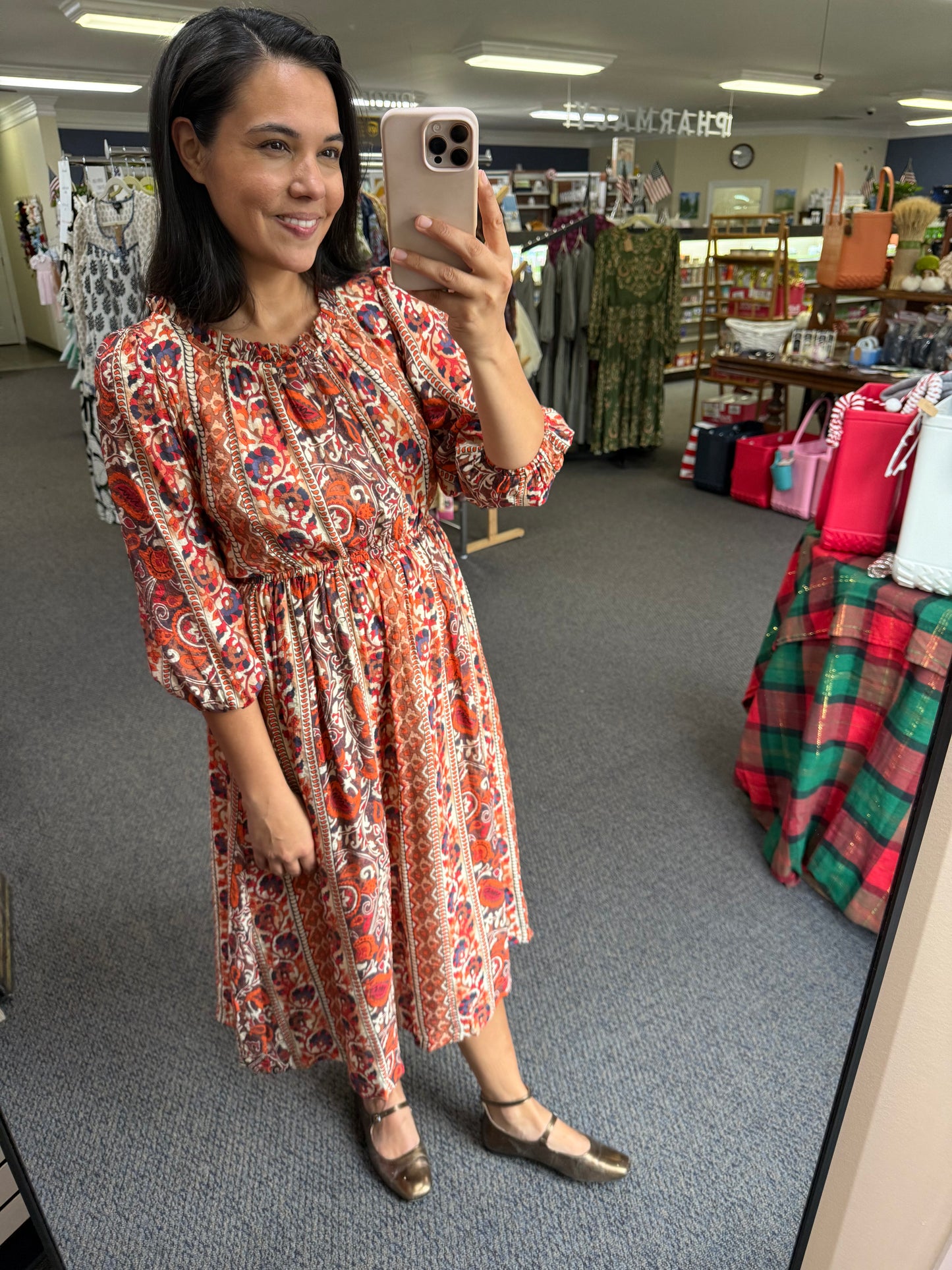 Rust Boho Floral Print Midi Dress