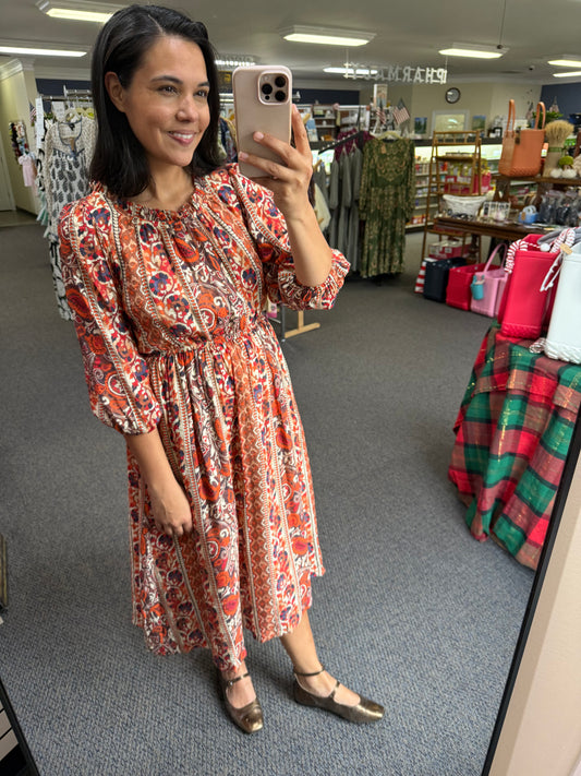 Rust Boho Floral Print Midi Dress