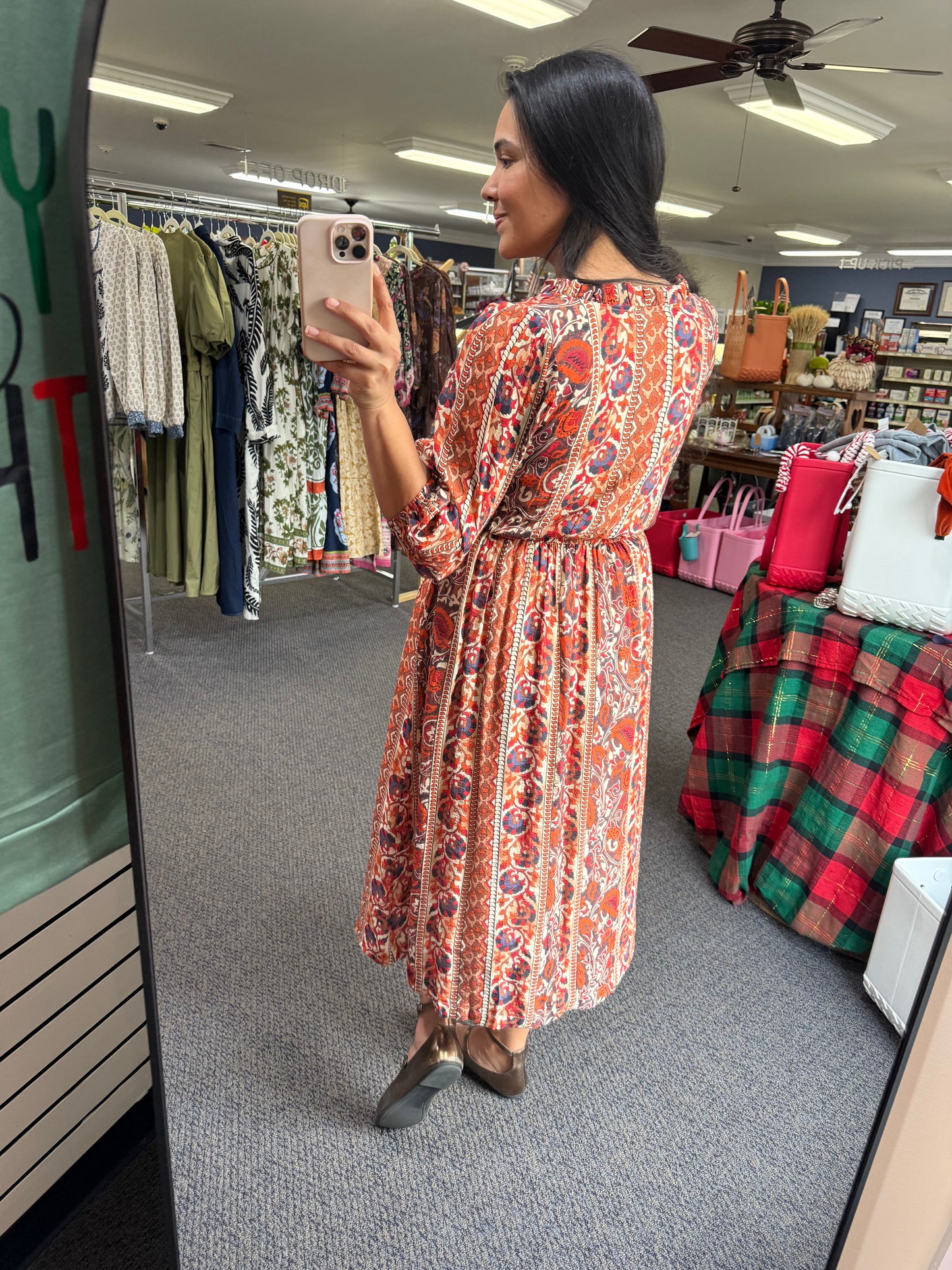 Rust Boho Floral Print Midi Dress