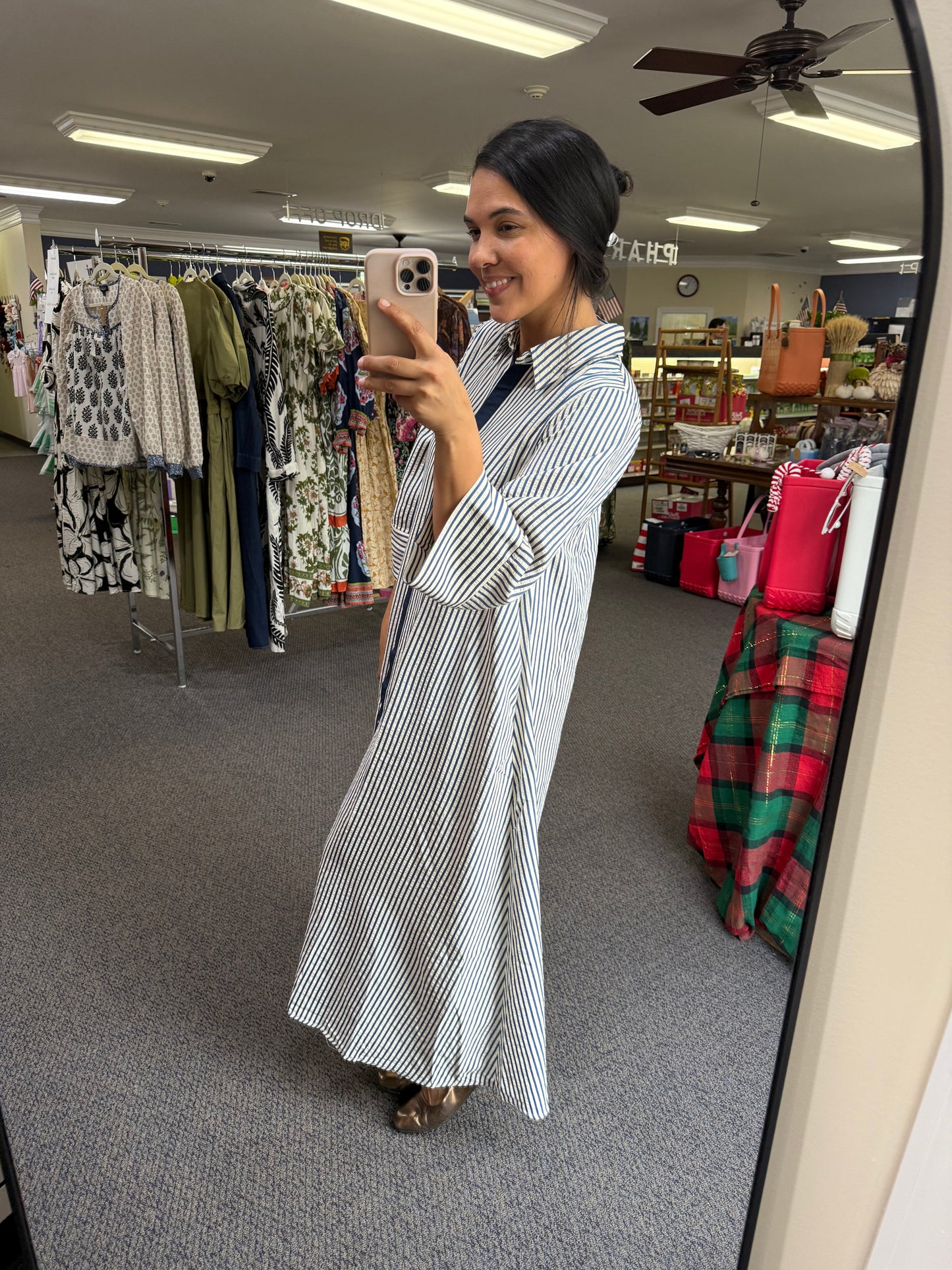 Indigo/off-white Striped Flowing Maxi Dress with 3/4 Sleeves