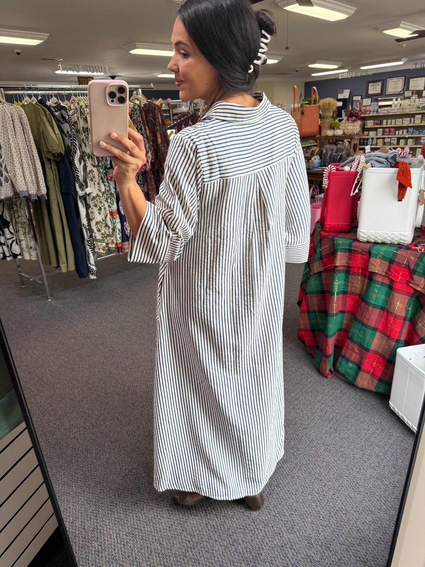 Indigo/off-white Striped Flowing Maxi Dress with 3/4 Sleeves