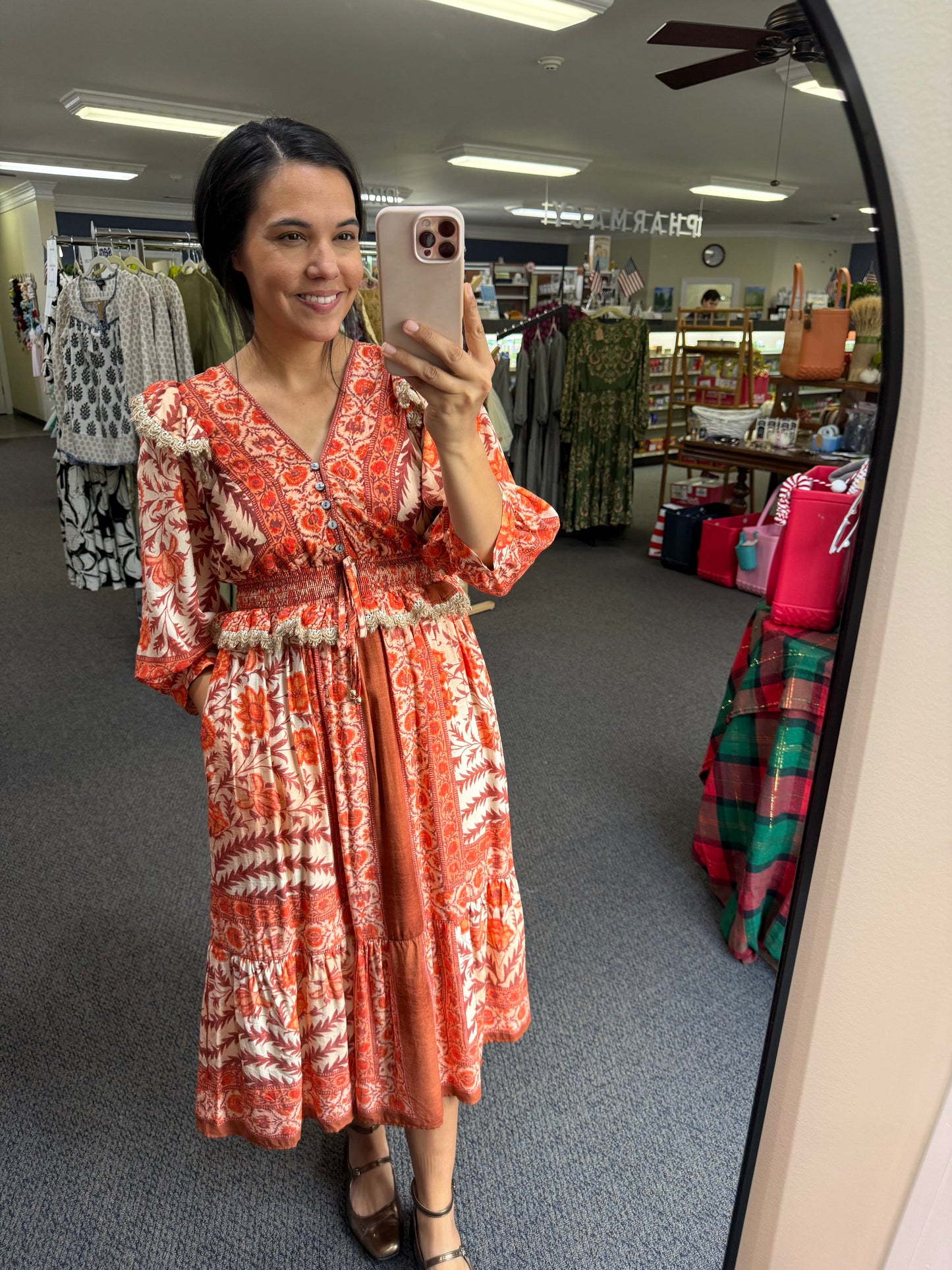 Mixed Floral Print Midi Dress with Peplum in Orange