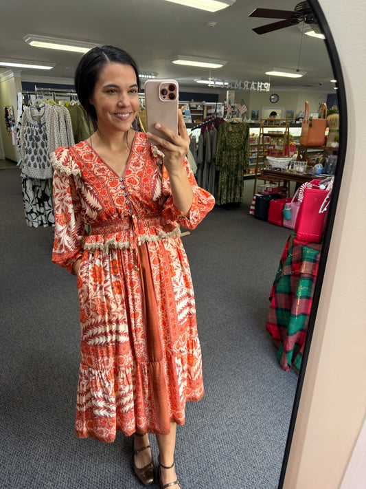Mixed Floral Print Midi Dress with Peplum in Orange