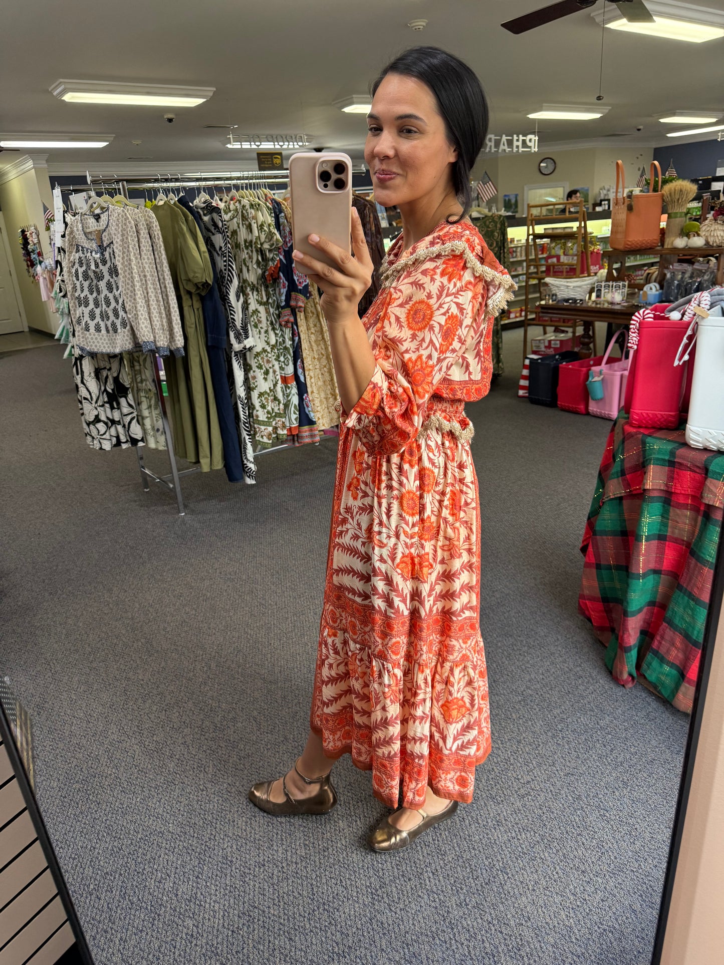 Mixed Floral Print Midi Dress with Peplum in Orange