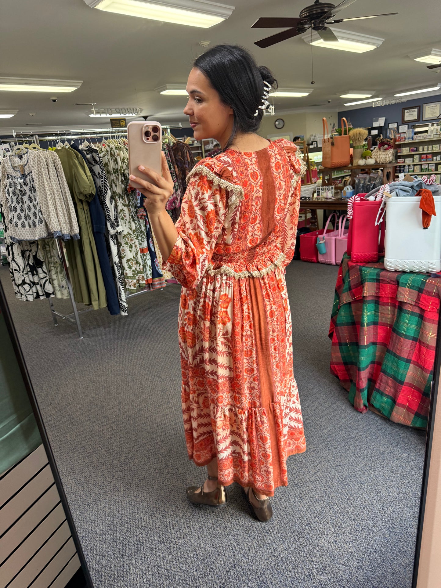 Mixed Floral Print Midi Dress with Peplum in Orange