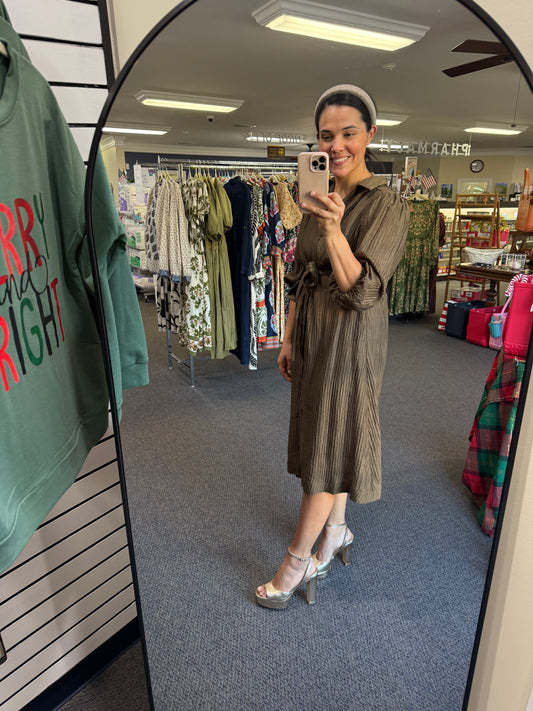 Dark Olive Crinkle-Textured Shirt Dress