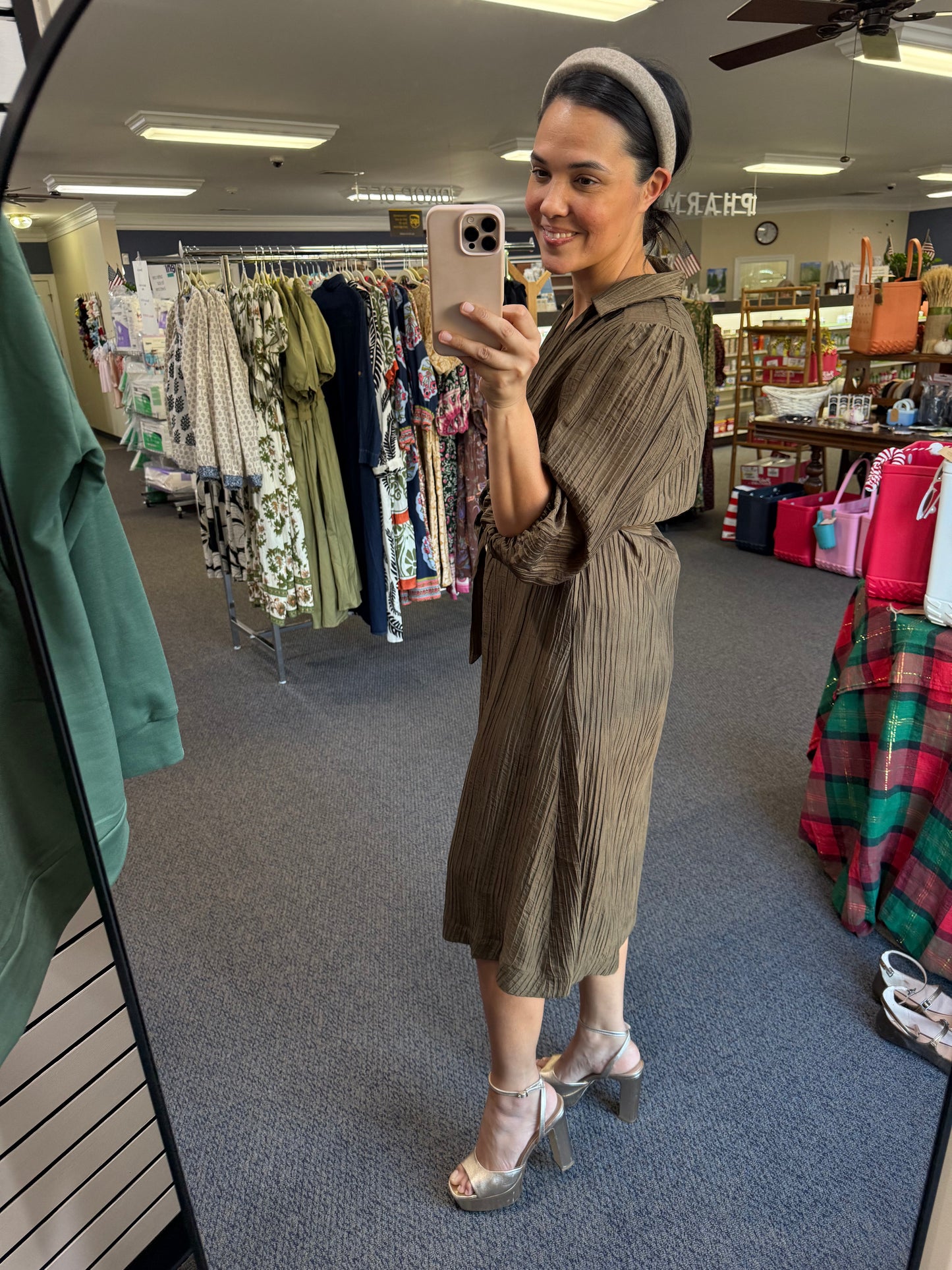 Dark Olive Crinkle-Textured Shirt Dress