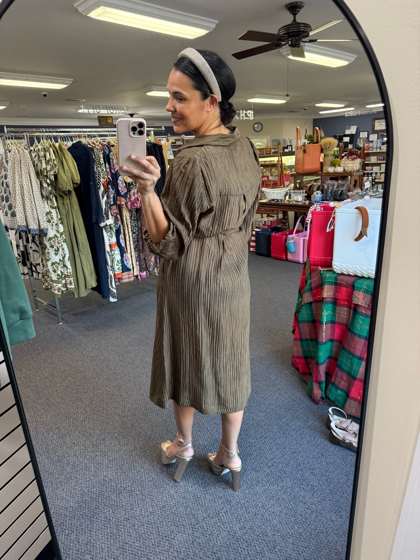 Dark Olive Crinkle-Textured Shirt Dress