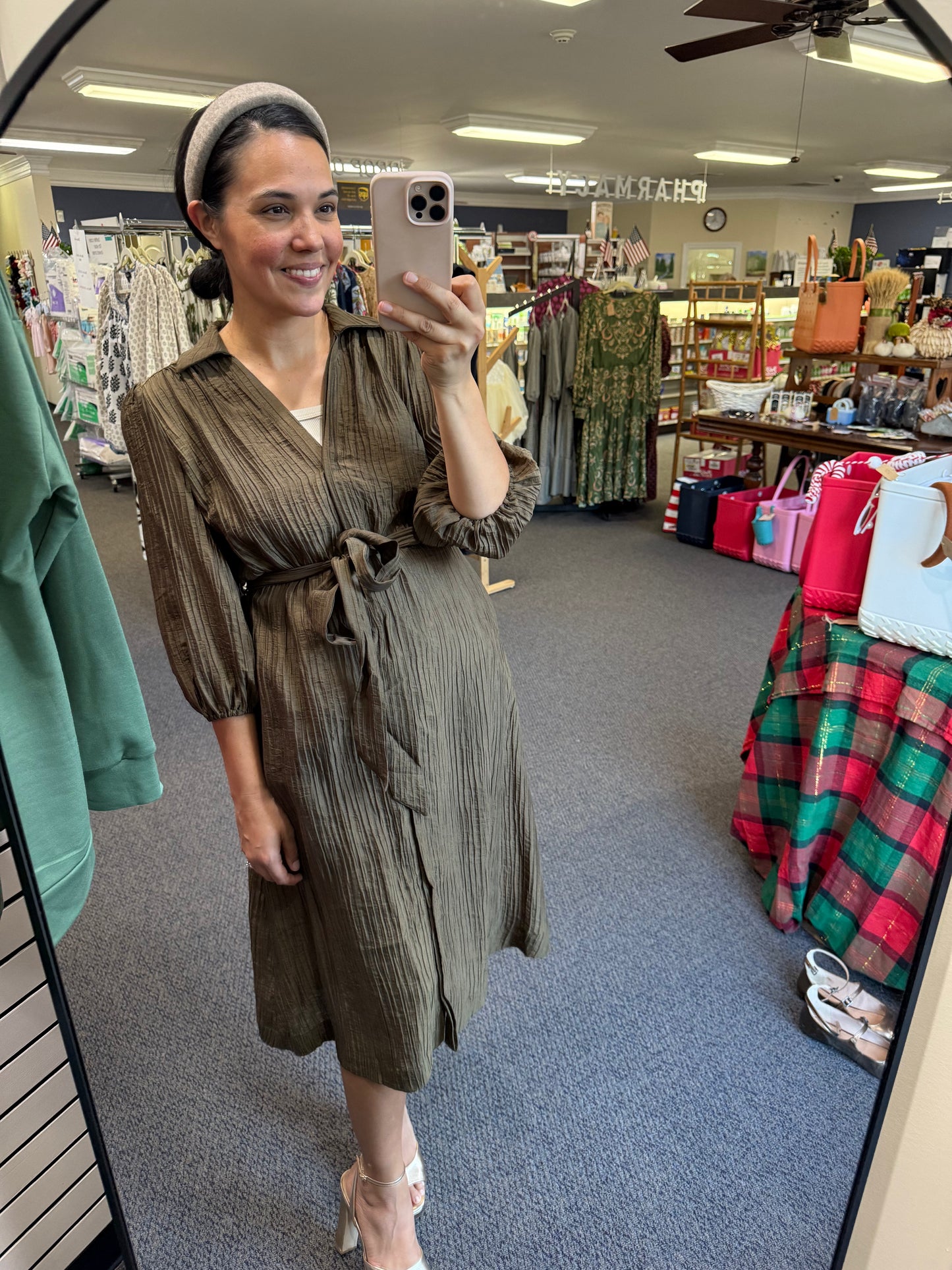 Dark Olive Crinkle-Textured Shirt Dress