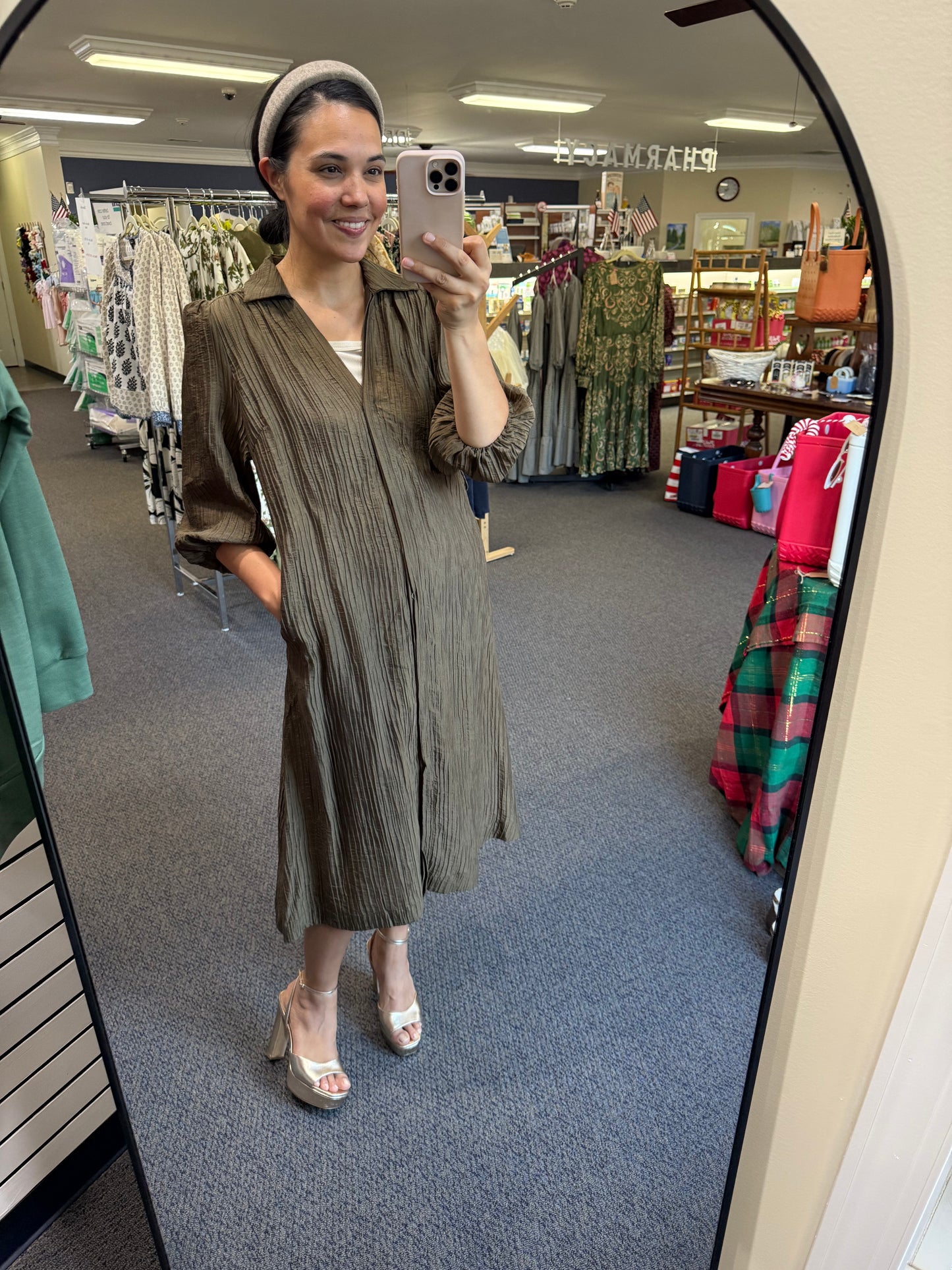 Dark Olive Crinkle-Textured Shirt Dress