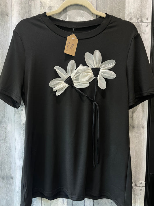 Black T-Shirt with Textured Flowers
