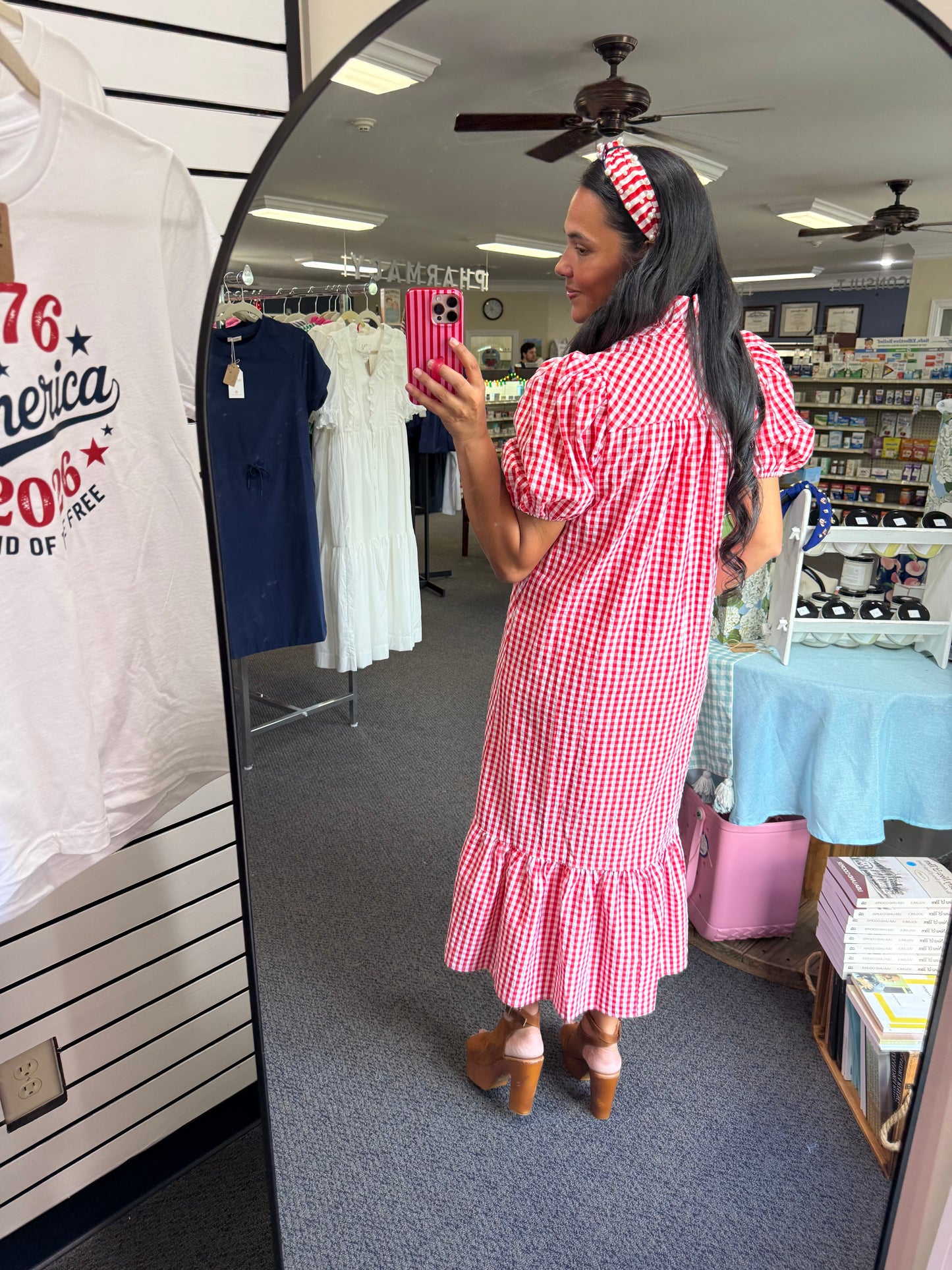 Red & White Gingham Midi Dress