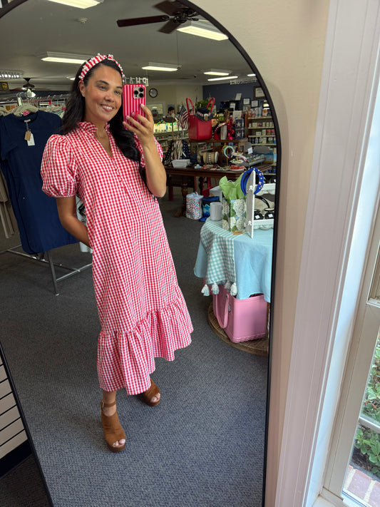 Red & White Gingham Midi Dress