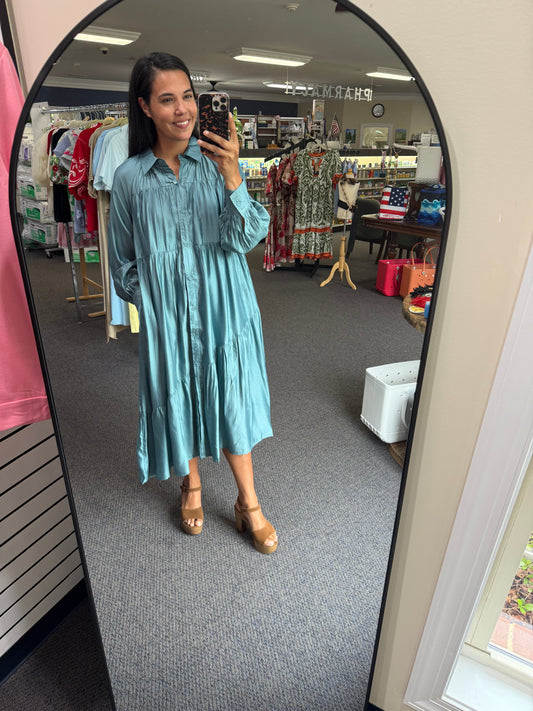 Dusty Blue A-symmetrical Pleated Dress