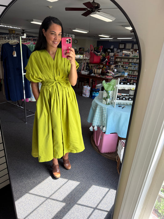 Pleated Waist Tie Dolman Sleeve Flare Midi Dress in Lime Green