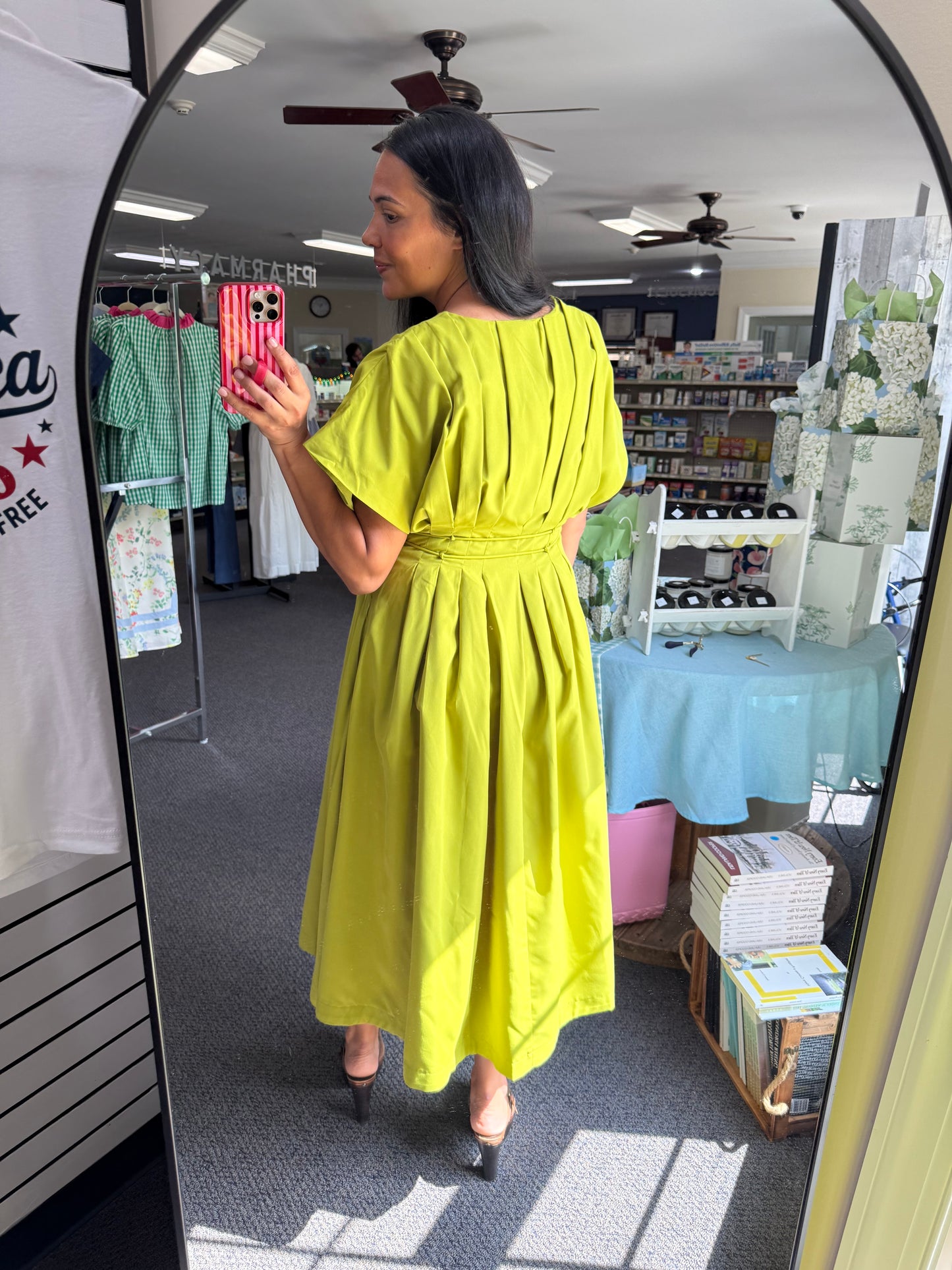 Pleated Waist Tie Dolman Sleeve Flare Midi Dress in Lime Green