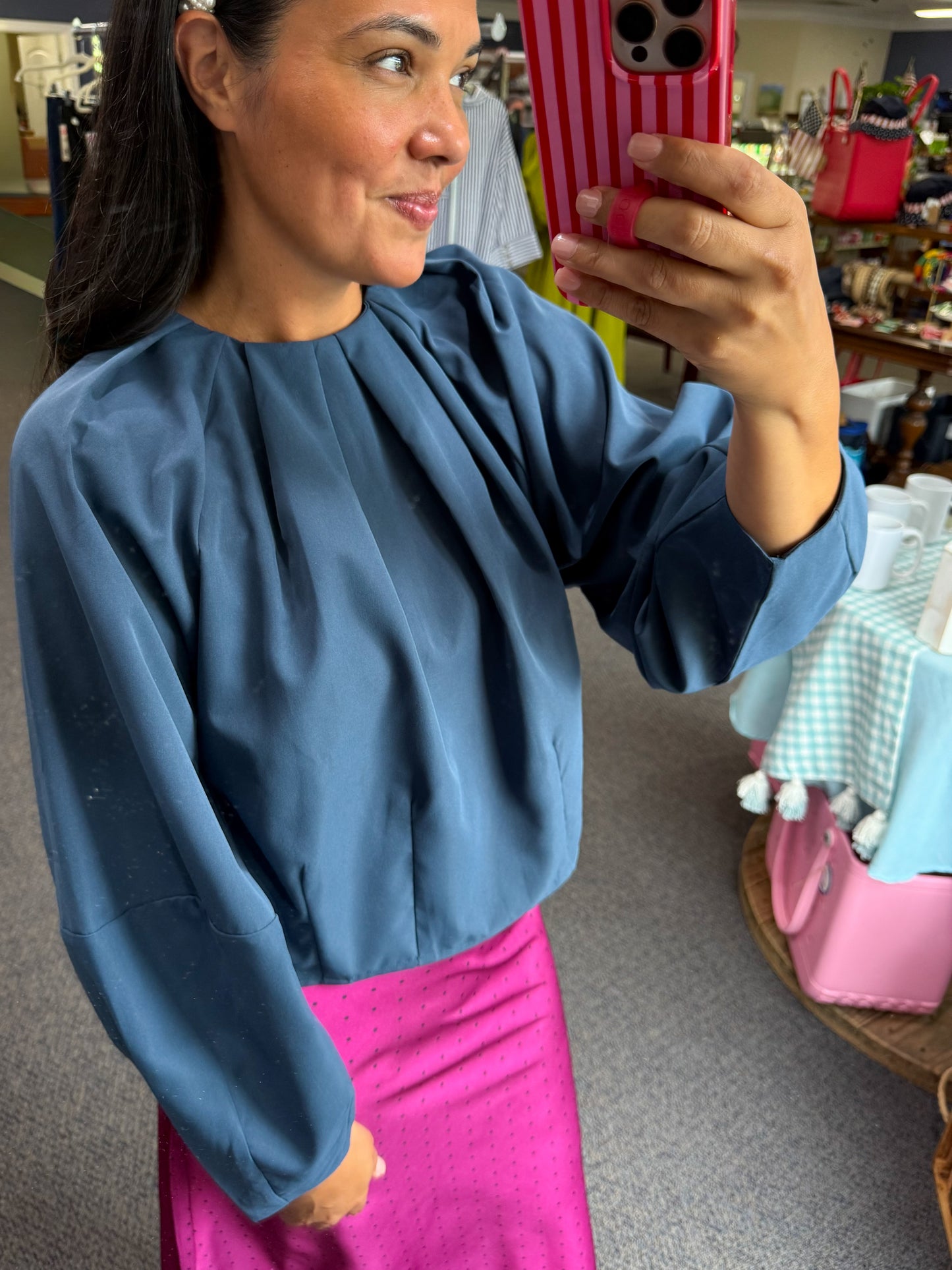Navy Long-sleeve Top with Pleating Detail