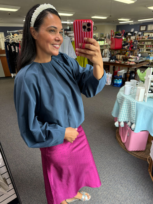 Bright Pink Satin Skirt with Navy Micro Polka Dots