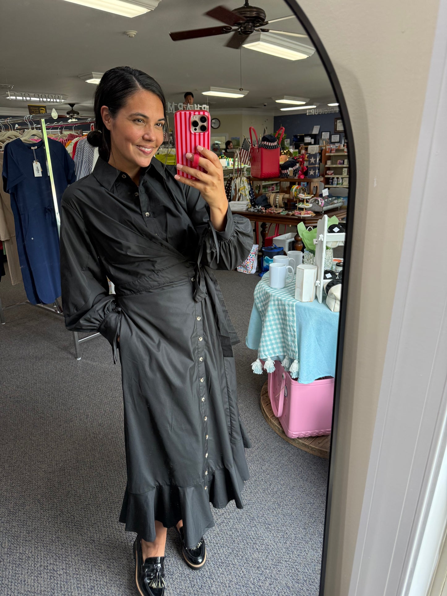 Black Midi Dress with Side Tie and Ruffled Details