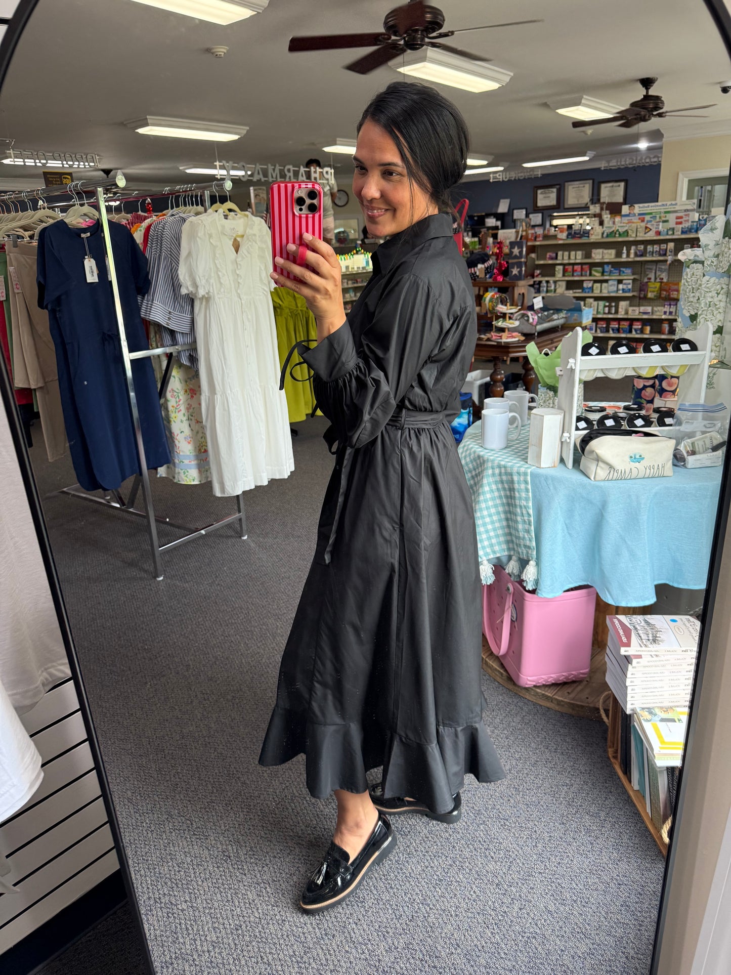 Black Midi Dress with Side Tie and Ruffled Details