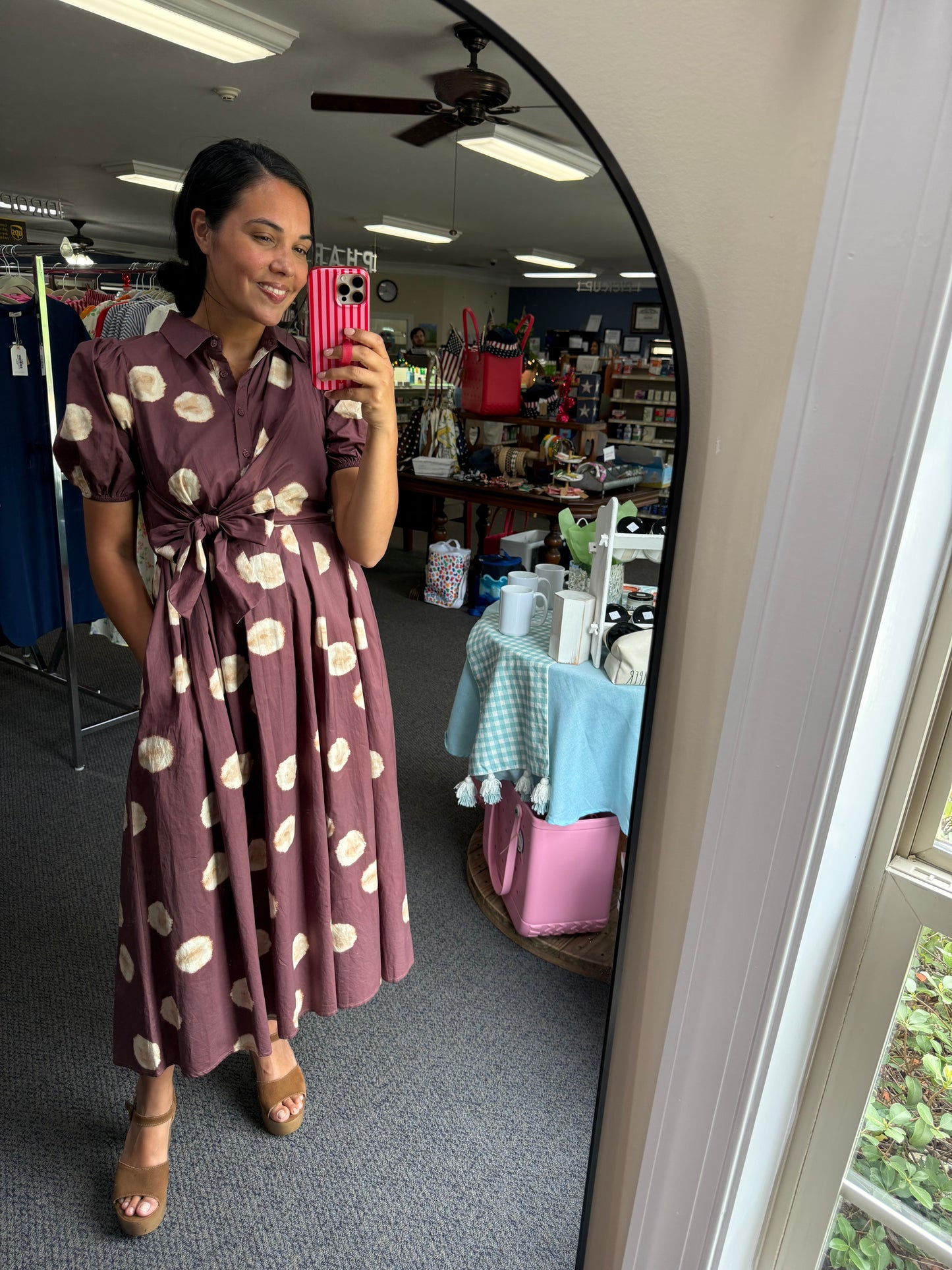 Brown Polka Dot Dress with Short Puff Sleeves