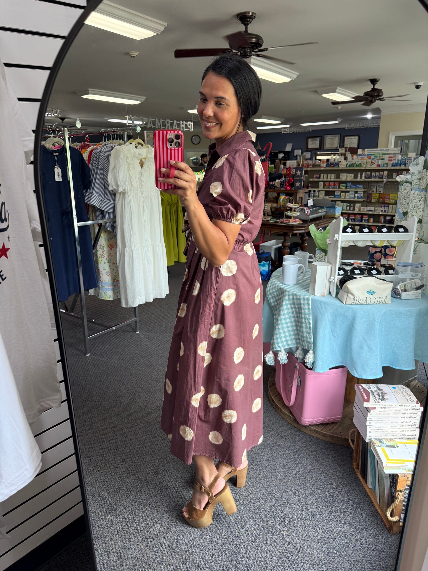Brown Polka Dot Dress with Short Puff Sleeves