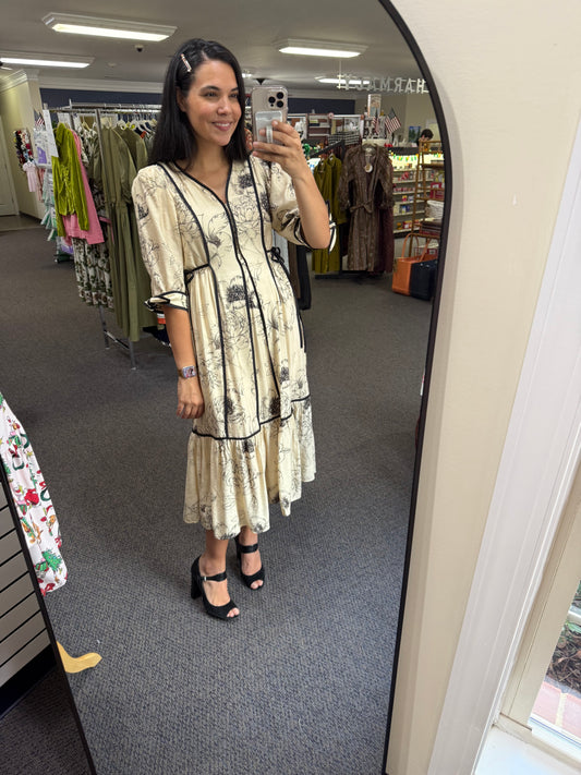 Ivory midi dress with Black Floral/Piping Details