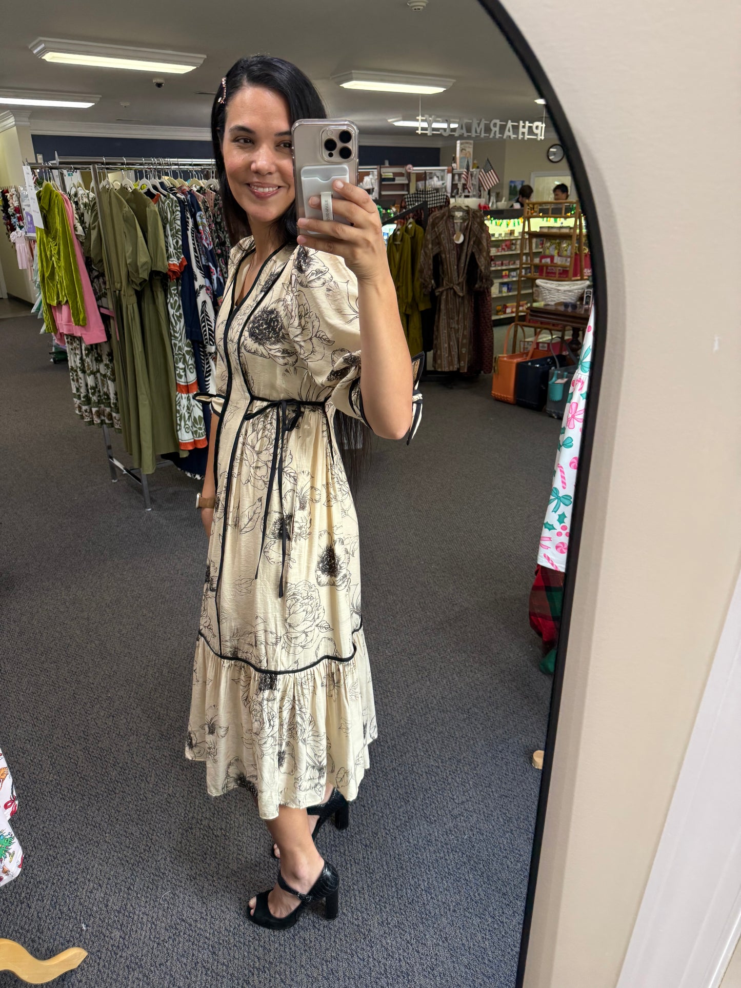 Ivory midi dress with Black Floral/Piping Details