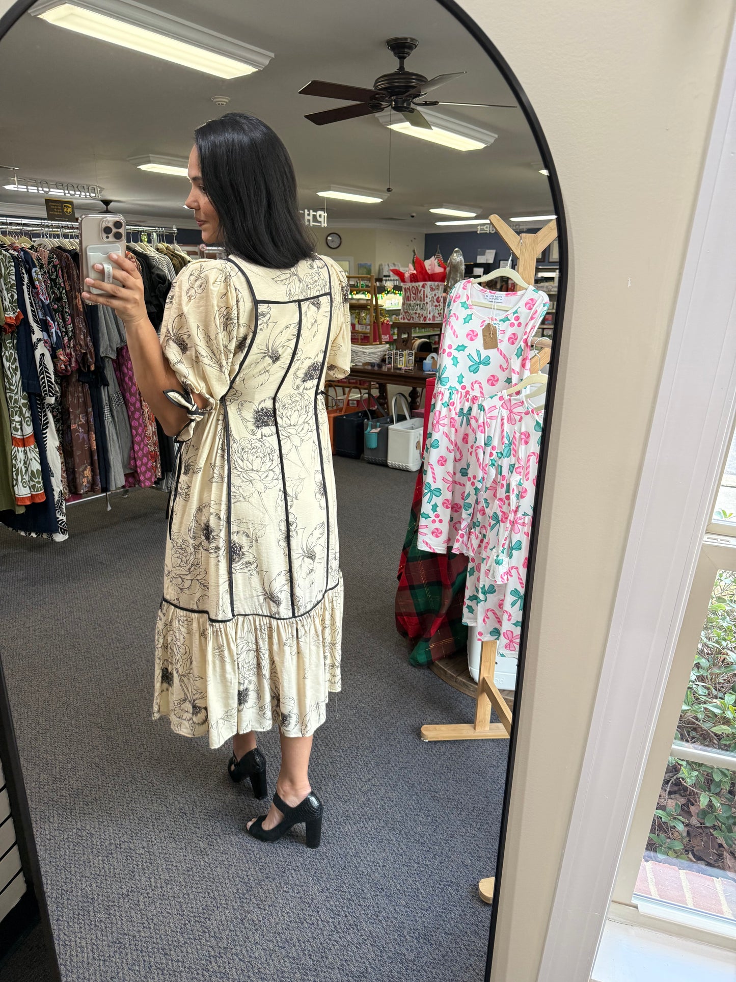 Ivory midi dress with Black Floral/Piping Details