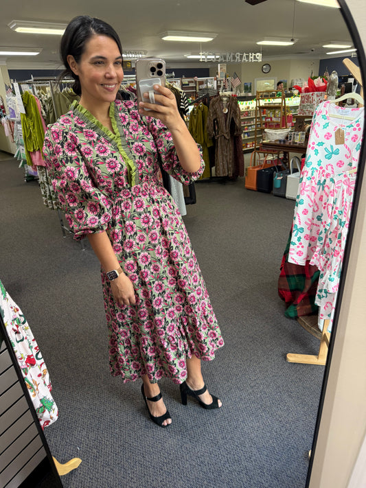 Green & Pink Floral Dress with Ruffled Details
