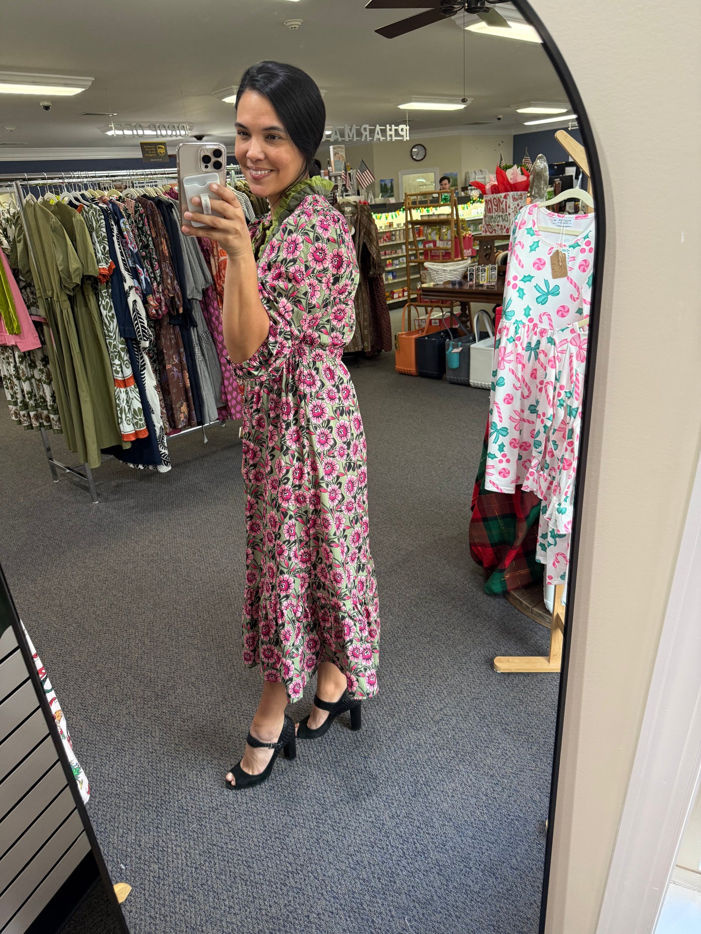 Green & Pink Floral Dress with Ruffled Details