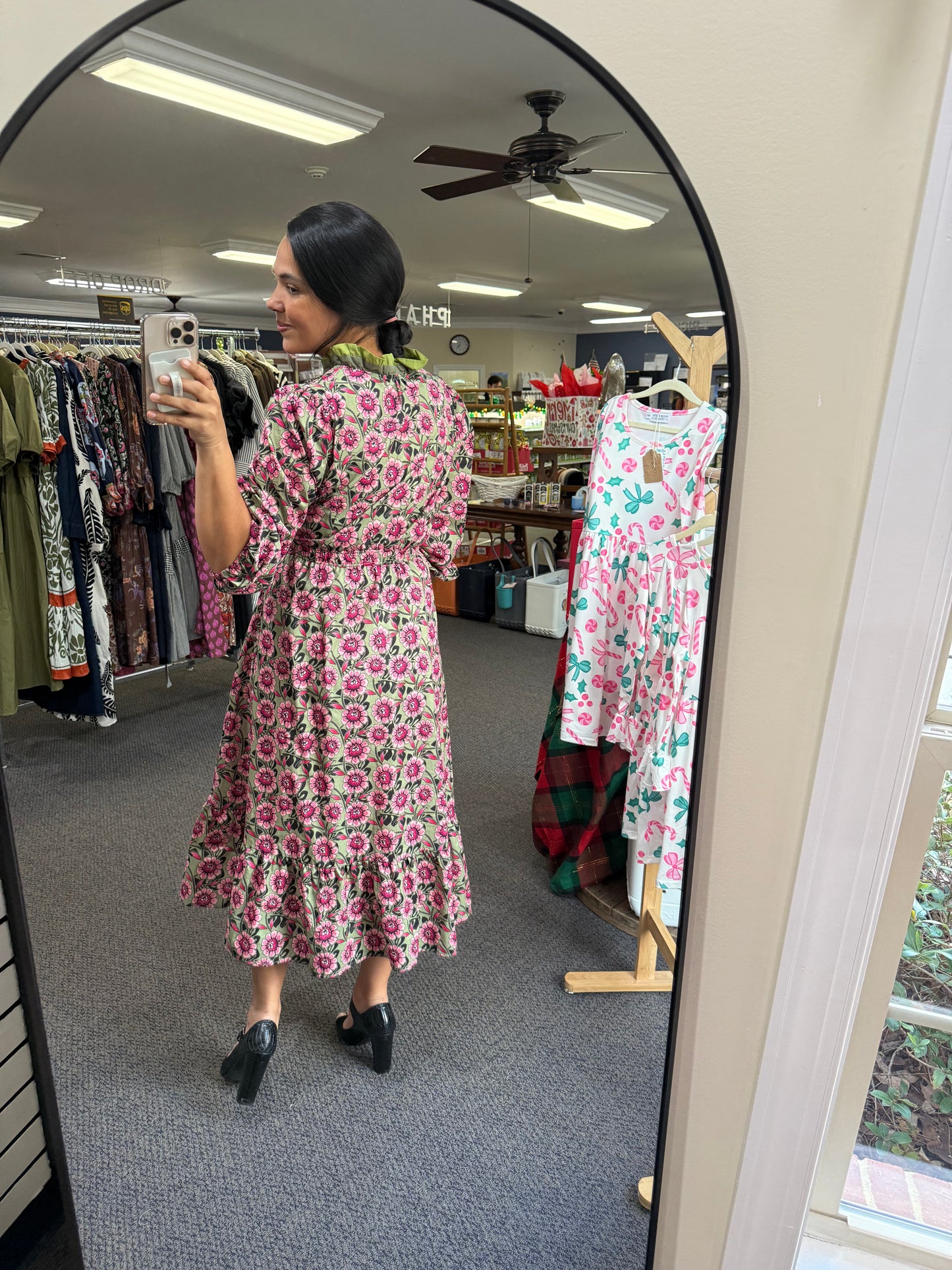 Green & Pink Floral Dress with Ruffled Details