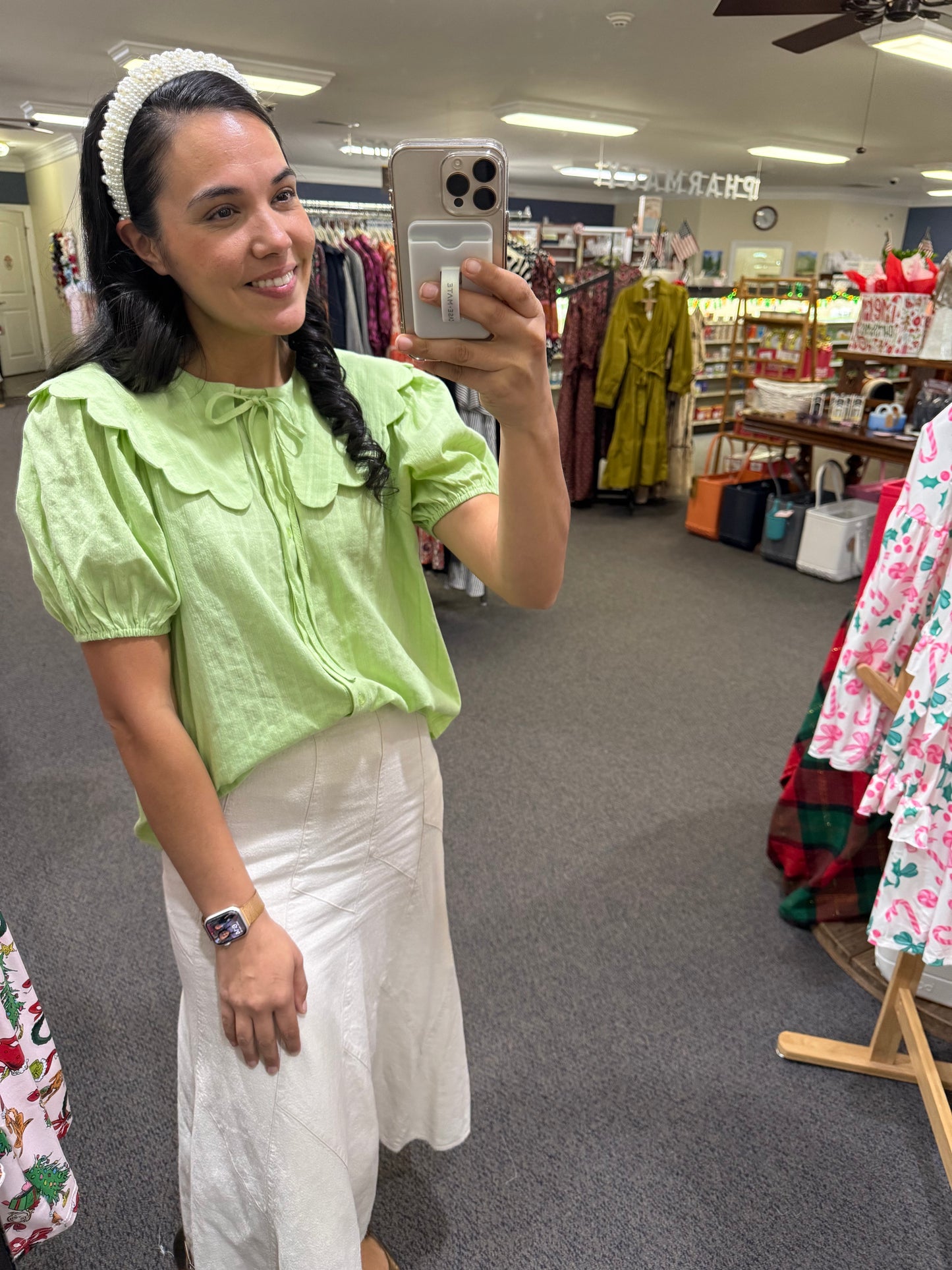 Soft Apple Green Blouse with Oversized Scalloped Collar