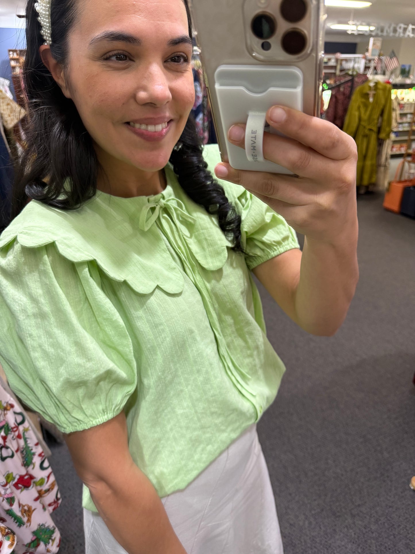 Soft Apple Green Blouse with Oversized Scalloped Collar
