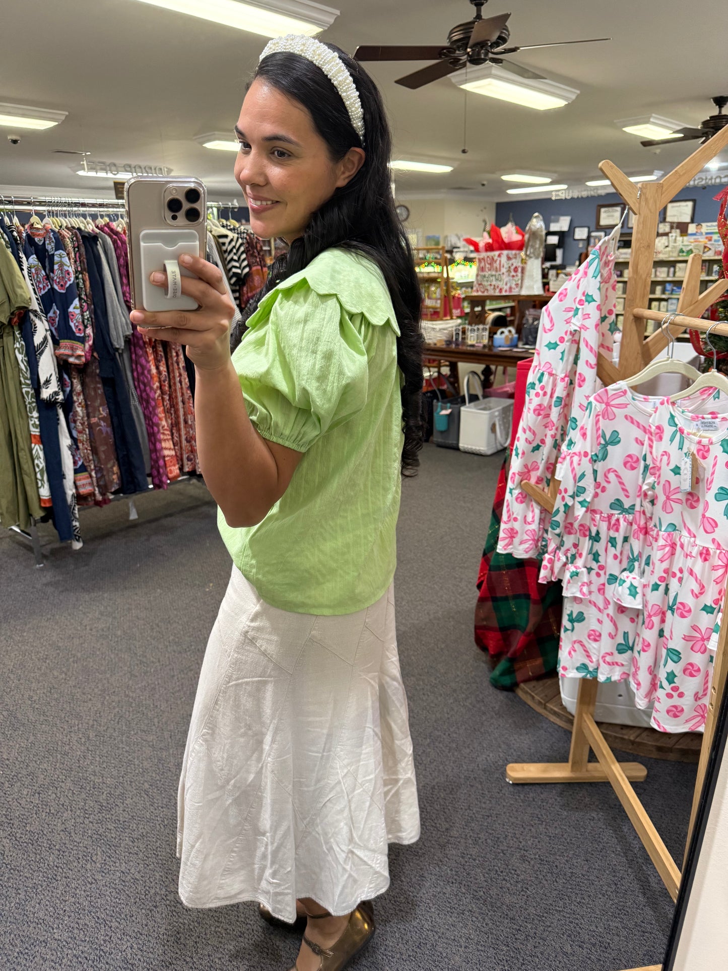 Soft Apple Green Blouse with Oversized Scalloped Collar