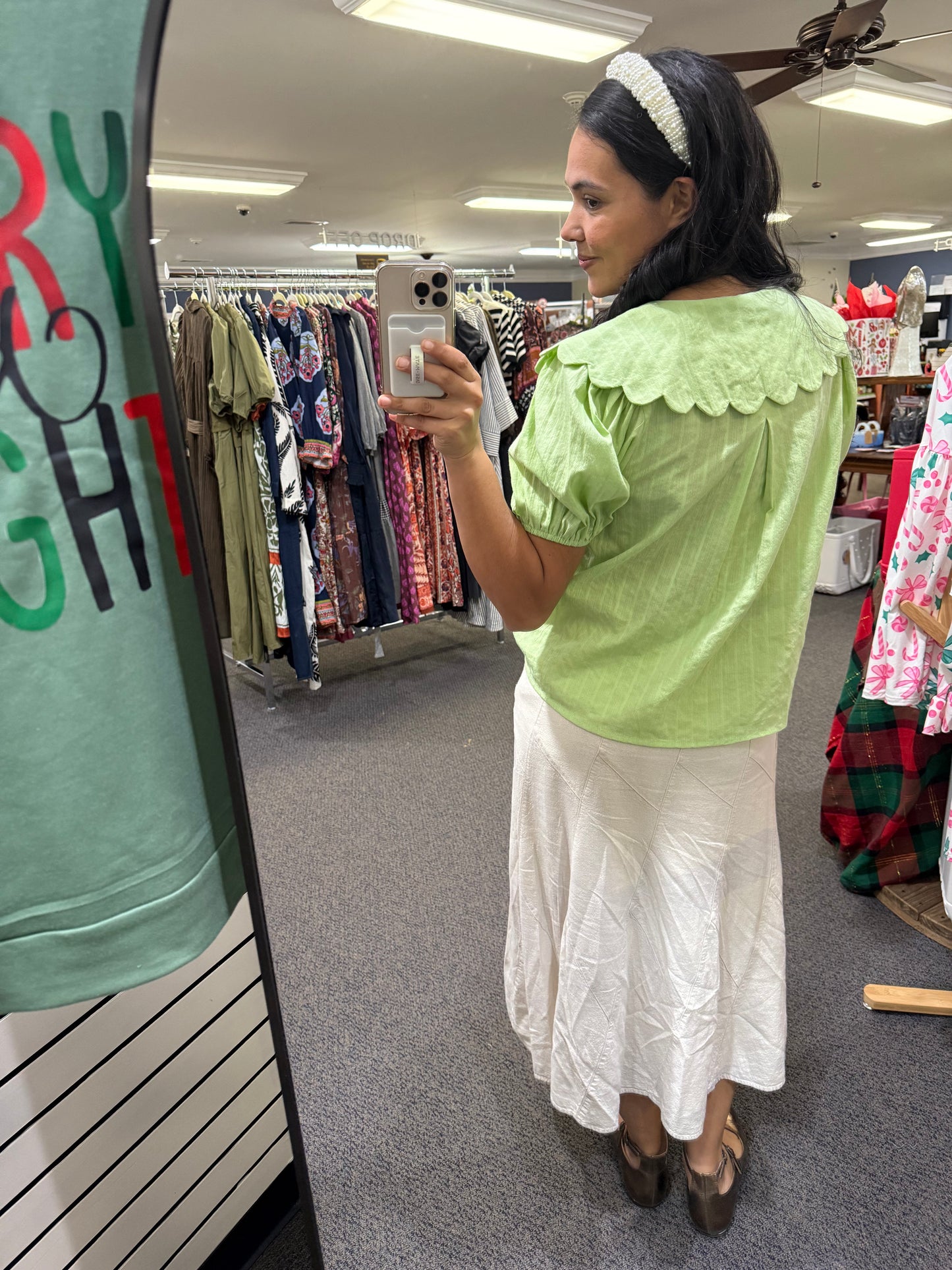 Soft Apple Green Blouse with Oversized Scalloped Collar