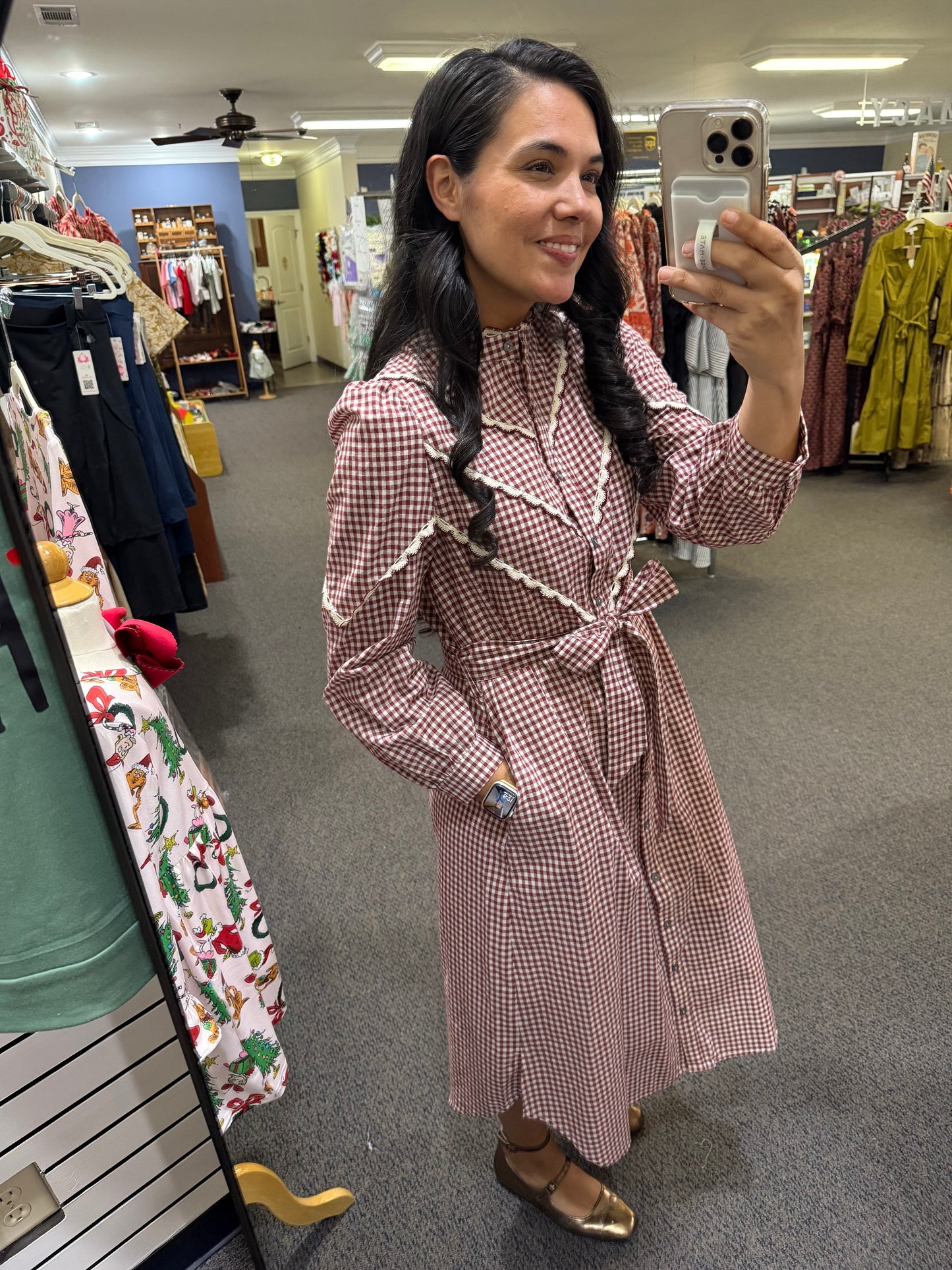 Gingham Long-Sleeve Midi Dress in Burgundy