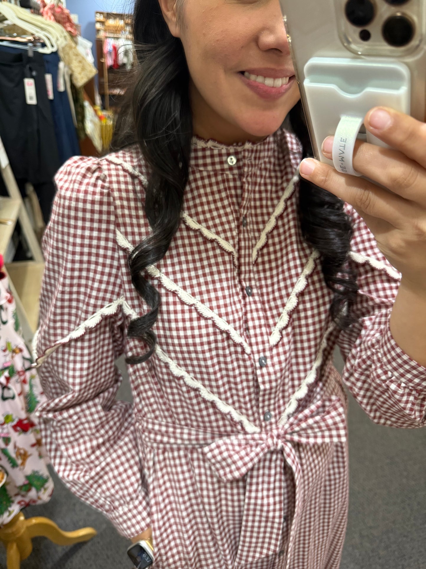 Gingham Long-Sleeve Midi Dress in Burgundy