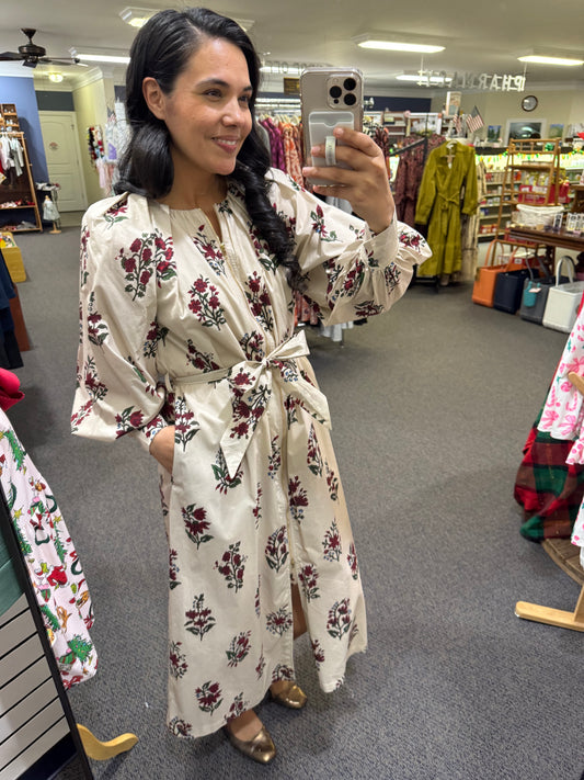 Ivory dress with Burgundy Floral Clusters