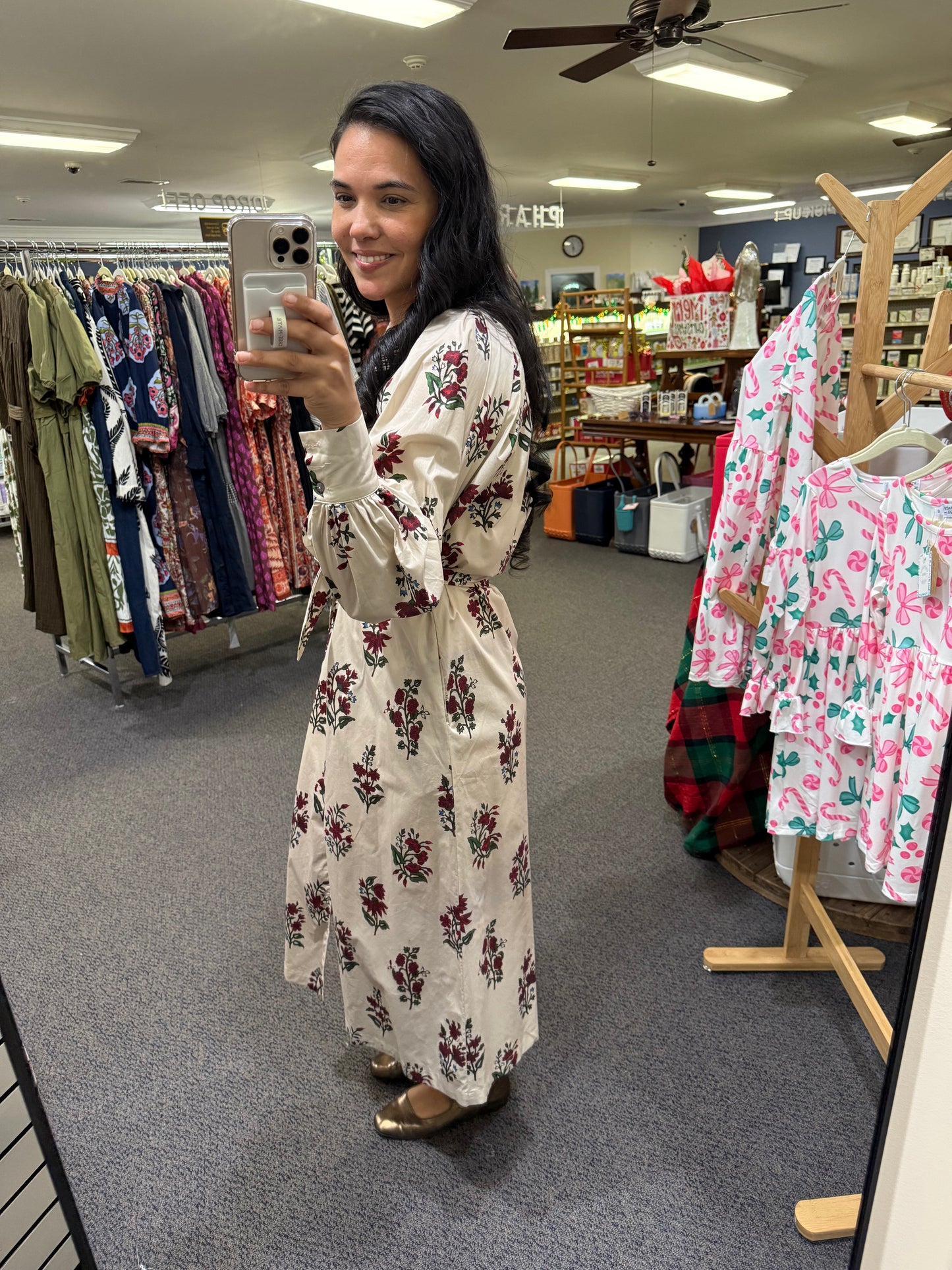 Ivory dress with Burgundy Floral Clusters