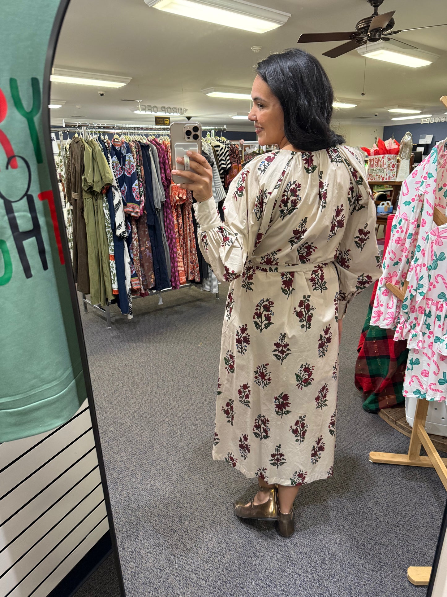 Ivory dress with Burgundy Floral Clusters