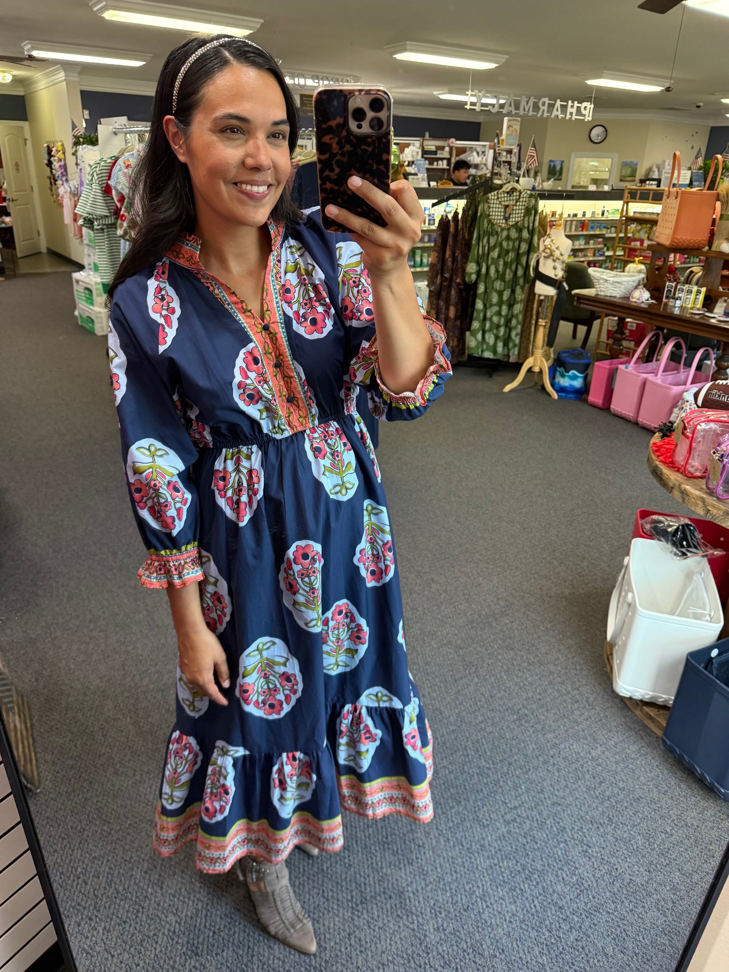 Navy/Midnight Flower Patch Border Print Dress