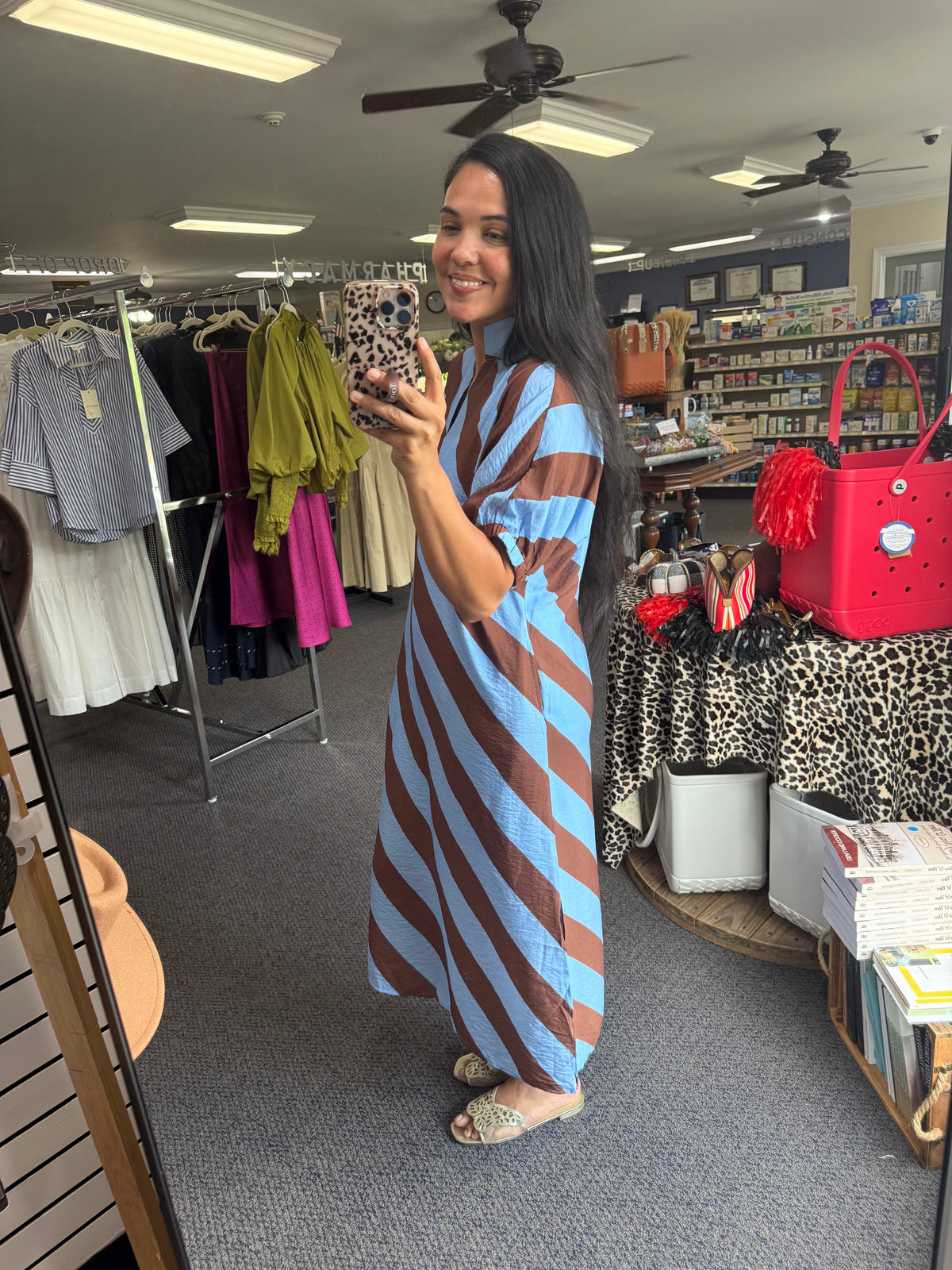 Blue and Brown Diagonal Stripe Midi Dress