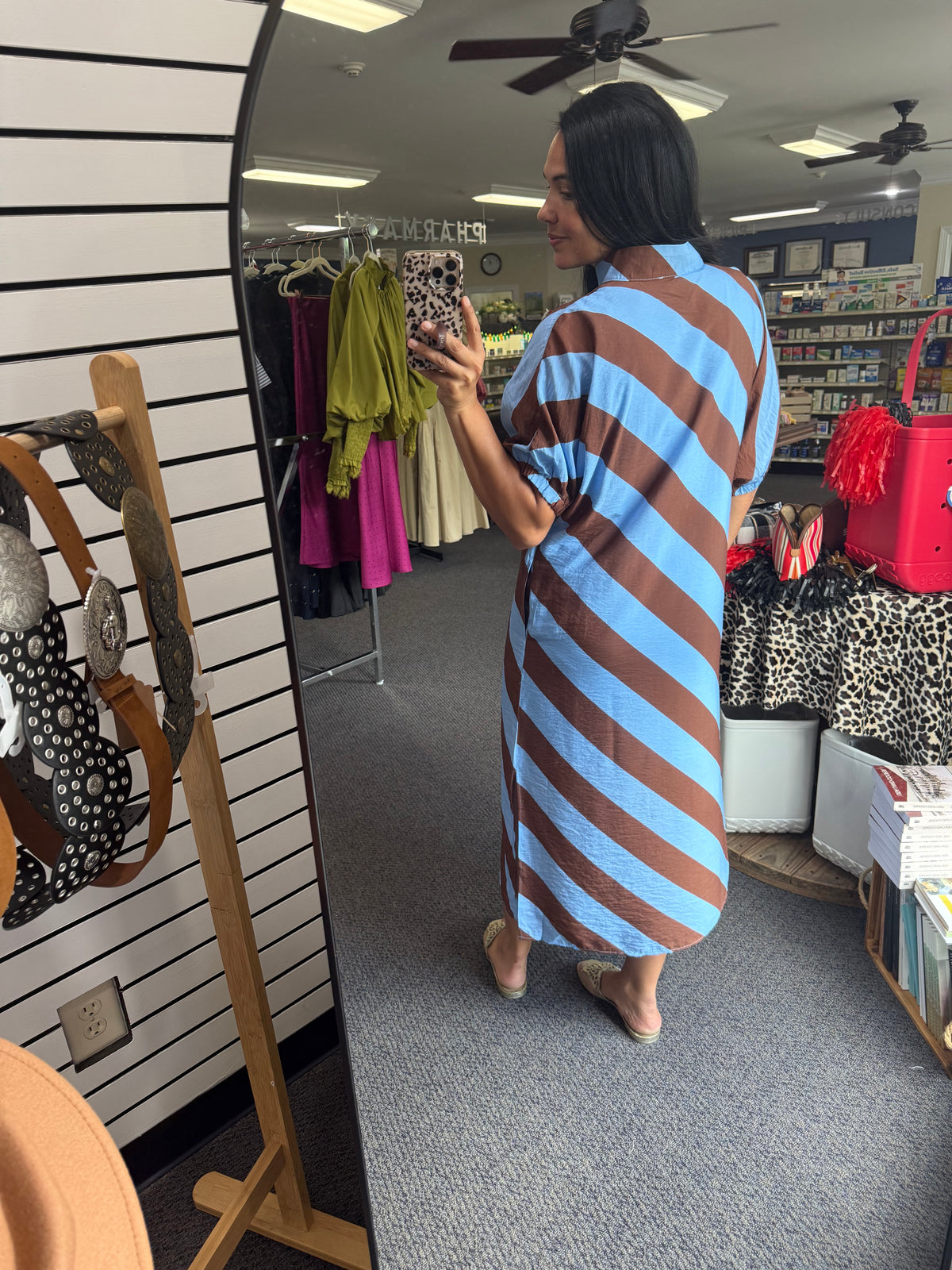 Blue and Brown Diagonal Stripe Midi Dress