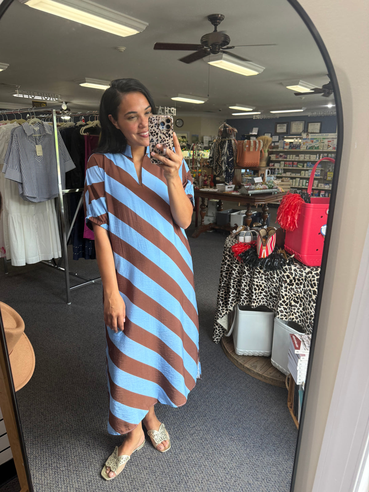 Blue and Brown Diagonal Stripe Midi Dress